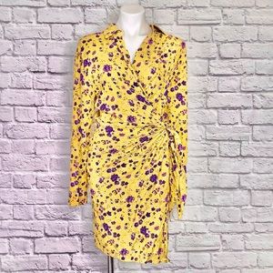 Castro Israel Mustard Yellow Purple Floral Long Sleeve Wrap Dress Women’s Large